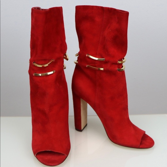 Jimmy Choo Red Suede Open Toe Booties Size 37 - Picture 2 of 4